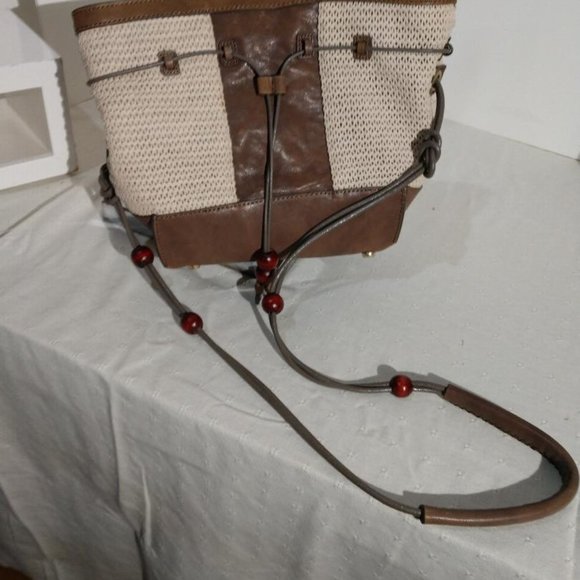 Weaved brown/off white boho bucket Nanette Lepore handbag - Picture 6 of 9